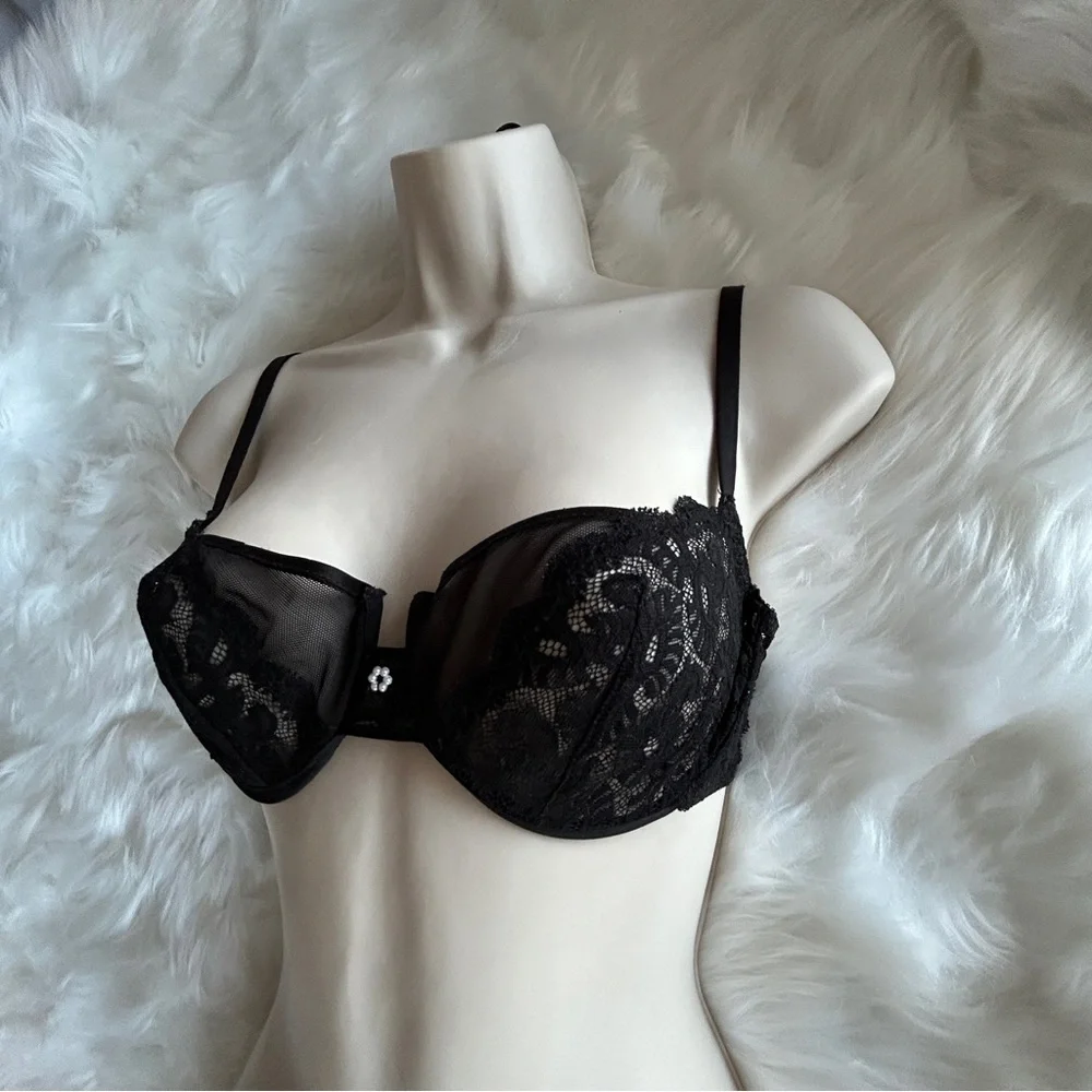 Sexy Black Lace &‎ Sheer Mesh Underwire Bra y2K Glam 36C